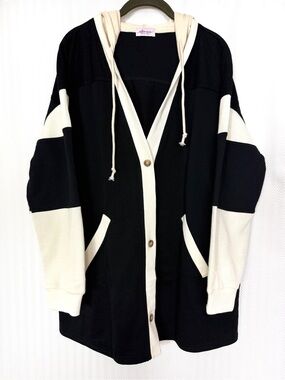 Ashlee Marie Boutique Colorblock Hooded Cardigan Jacket - Black & Cream Size L
